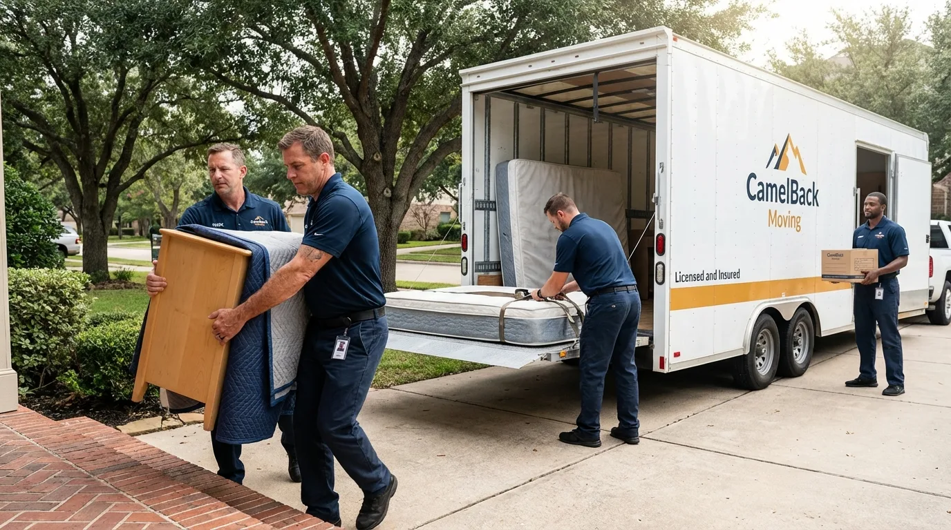 Crew loading residential truck for cross-state move from Avon, MN