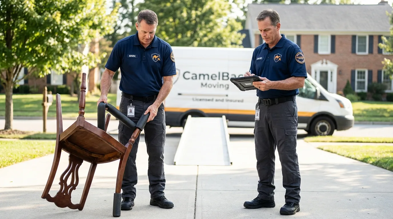 Movers inspecting furniture for damage prevention before loading in Avon, MN