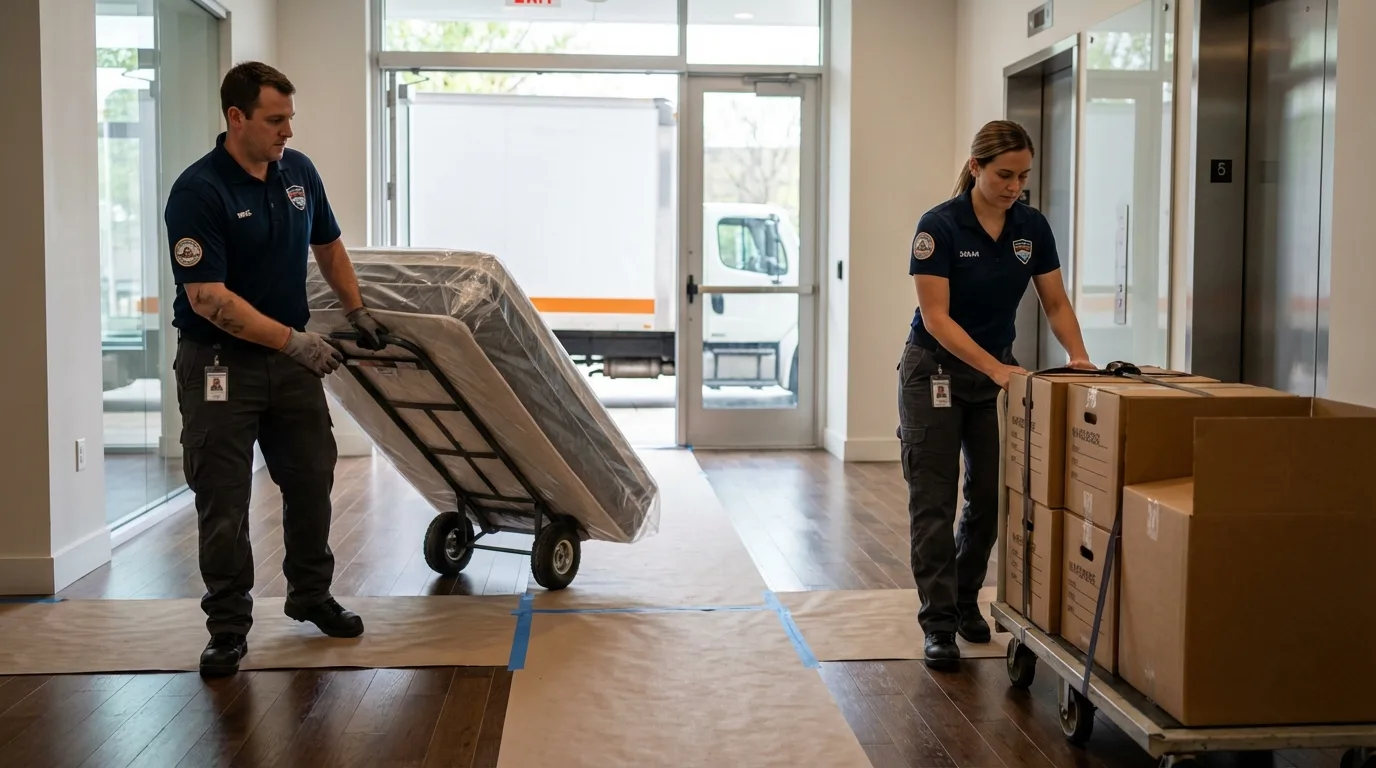 Professional apartment movers loading elevator in Avon, MN